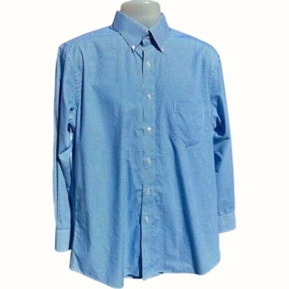 Saddlebred Blue White Gingham Plaid Slim Fit Button DownLong Sleeve Shirt Large